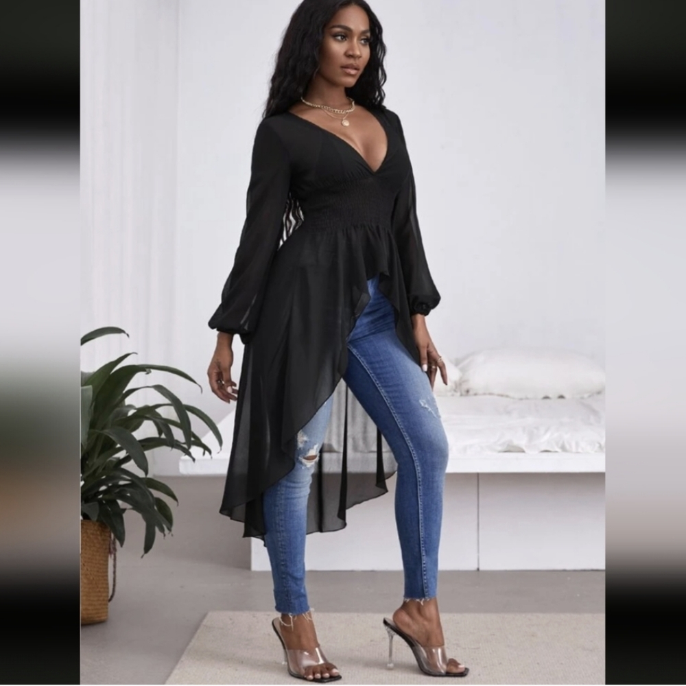 Shein High Low Sheer black dress shirt